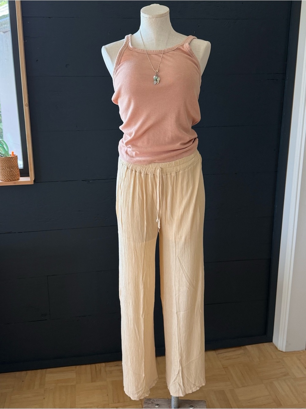Made in Italy Crinkle Viscose Wide Leg Pants Women’s S/M Cream Boho Resort